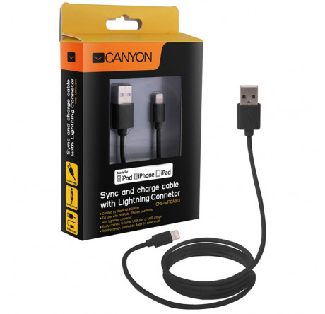 Canyon CNS-MFICAB01B Ultra-compact MFI Cable, certified by Apple, 1M length , 2.8mm , black c Кабель CANYON - okulovka-experts.ru – фото 1