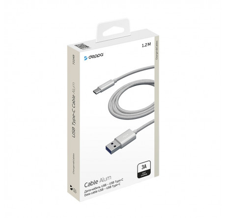 Deppa Alum USB Type-C - USB Type-C, алюминий/нейлон, USB 2.0, 3A, 1.2м, 1.2м, серебро, Deppa Кабель  DEPPA - okulovka-experts.ru – фото 1