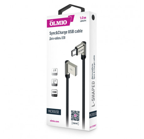 OLMIO 038867 USB 2.0 - microUSB, 1м, угловой, тканевая оплетка, цвет черный Кабель  PARTNER - okulovka-experts.ru – фото 1